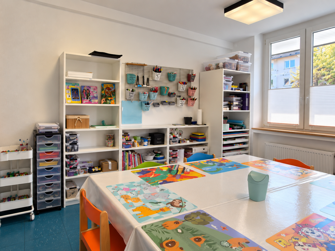 Heller Kreativraum „Aquarium“ der Autismustherapie Melanie Czepelka mit großem Basteltisch, bunten Platzunterlagen und Kinderstühlen. Weiße Regale mit vielfältigen Bastelmaterialien, eine Werkzeugwand und große Fenster ergänzen die Einrichtung.