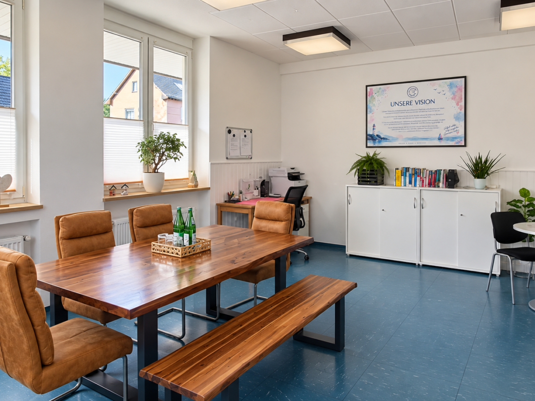 Heller Besprechungsraum „Hafen“ der Autismustherapie Melanie Czepelka mit großem Holztisch, gepolsterten Stühlen und Sitzbank. Im Hintergrund befinden sich ein Arbeitsplatz, weiße Schränke, Pflanzen und ein gerahmtes Poster mit der Praxisvision.
