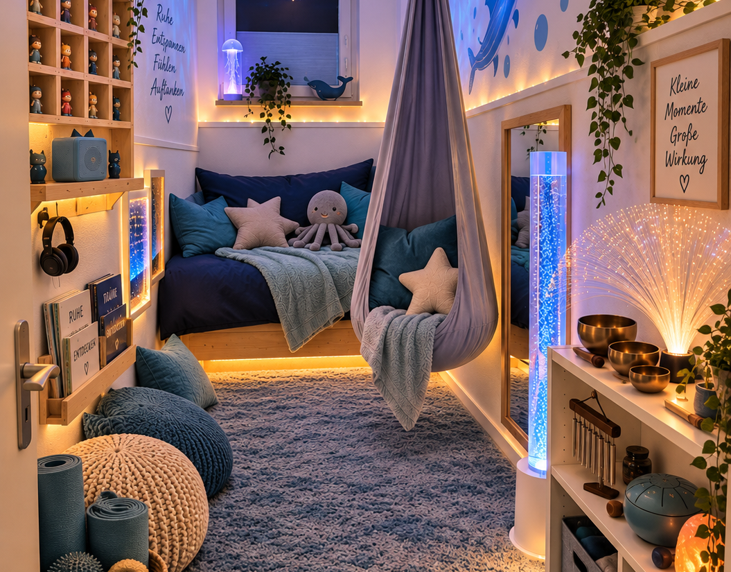 KI-generierte Visualisierung des geplanten Snoezelraums mit gemütlicher Liegefläche, Hängesessel, weichem Teppich, Sternenhimmel, blauer Lichtprojektion und verschiedenen Sinnesmaterialien wie Wassersäulen, Klangschalen und Massagebällen.