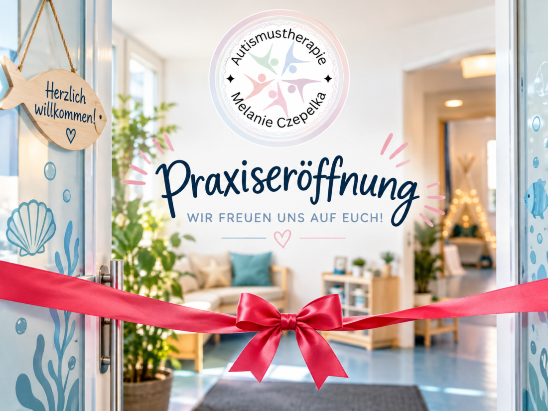 KI-generiertes Titelbild zur Praxiseröffnung der Autismustherapie Melanie Czepelka. Ein rotes Band mit großer Schleife ist vor dem einladenden Praxiseingang gespannt. Im Hintergrund sind helle, gemütliche Praxisräume zu sehen. Das Praxislogo und der Schriftzug „Praxiseröffnung – Wir freuen uns auf euch!“ stehen im Mittelpunkt.