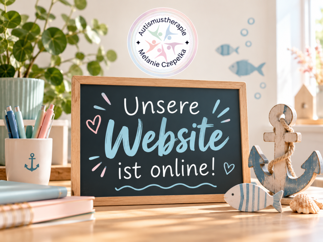 Pastellfarbenes Titelbild zur Veröffentlichung der Webseite der Autismustherapie Melanie Czepelka. Eine Tafel mit der Aufschrift „Unsere Website ist online!“ steht auf einem Schreibtisch, umgeben von maritimer Dekoration mit Anker, Fisch und Muschel sowie Pflanzen und Stiften. Oberhalb der Tafel ist das Praxislogo abgebildet.