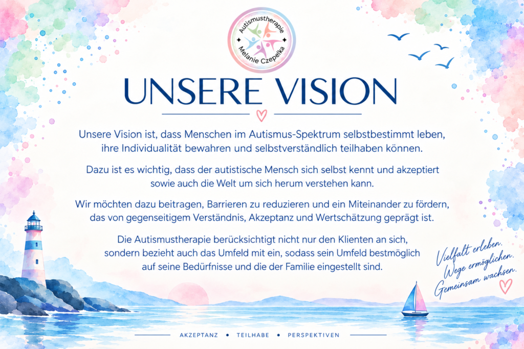 Unsere Vision ist, dass Menschen im Autismus-Spektrum selbstbestimmt leben, ihre Individualität bewahren und selbstverständlich teilhaben können. Dazu ist es wichtig, dass der autistische Mensch sich selbst kennt und akzeptiert sowie auch die Welt um sich herum verstehen kann. Wir möchten dazu beitragen, Barrieren zu reduzieren und ein Miteinander zu fördern, das von gegenseitigem Verständnis, Akzeptanz, und Wertschätzung geprägt ist. Die Autismustherapie berücksichtigt nicht nur den Klienten an sich, sondern bezieht auch das Umfeld mit ein, sodass sein Umfeld bestmöglich auf seine Bedürfnisse und die der Familie eingestellt sind.